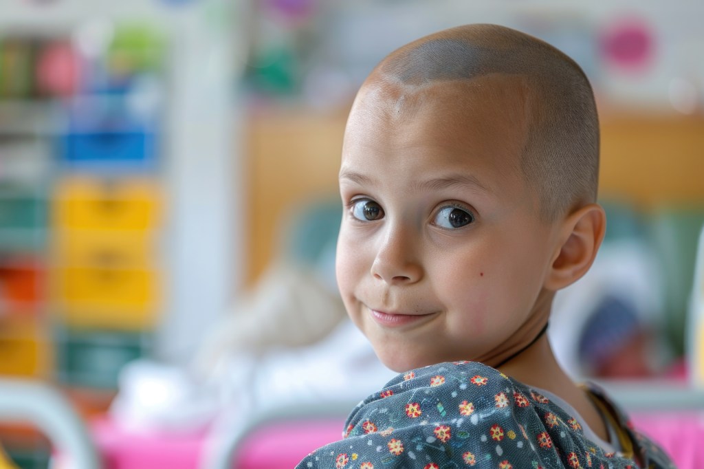 Niña con cabello rapado, sonriendo mientras mira hacia atrás, vestida con una bata de hospital colorida, en un entorno de sala de espera.