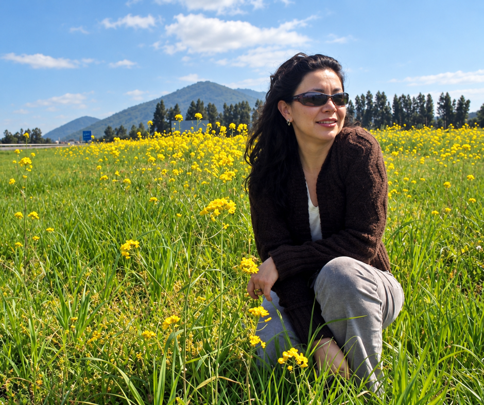 Mujer sentada en un campo lleno de flores amarillas, con montañas al fondo y un cielo azul.